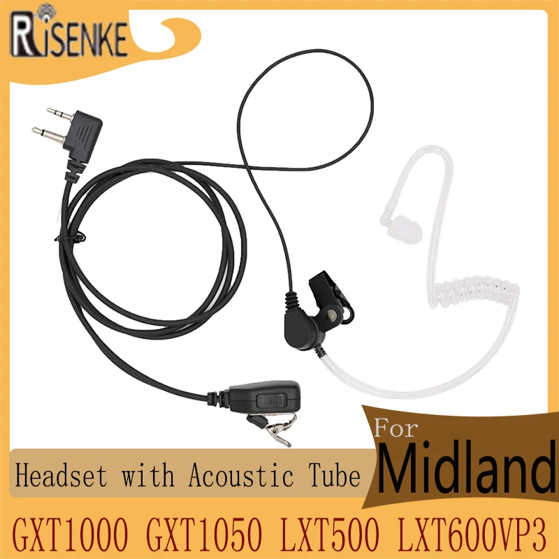 RISENKE-Transparent Acoustic Tube Earpiece Headset, Compatible with Midland GXT1000 GXT1050 LXT500 LXT600VP3 Radio with PTT risenke lxt500vp3 earpiece compatible for midland lxt600vp3 gxt1050vp4 gxt1000vp4 radio g shape walkie talkie headset with mic