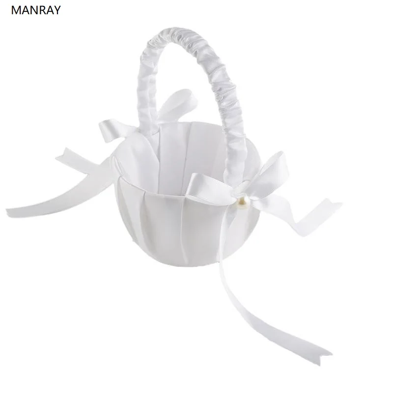 MANRAY Elegant Pure White Wedding Flower Basket Bowknot Cute Wedding Party Decoration Bridal Flower Basket Bridesmaid Children