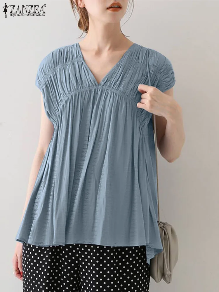 

ZANZEA Women Solid Shirring Tops Korean Fashion V-neck Chic Blouse Vintage Short Sleeve Ruffled Shirts 2023 Summer Casual Blusas