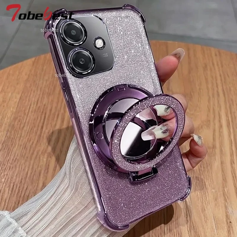 Glitter Shockproof Silicone Phone Case with Mirror and Magnetic Holder Stand