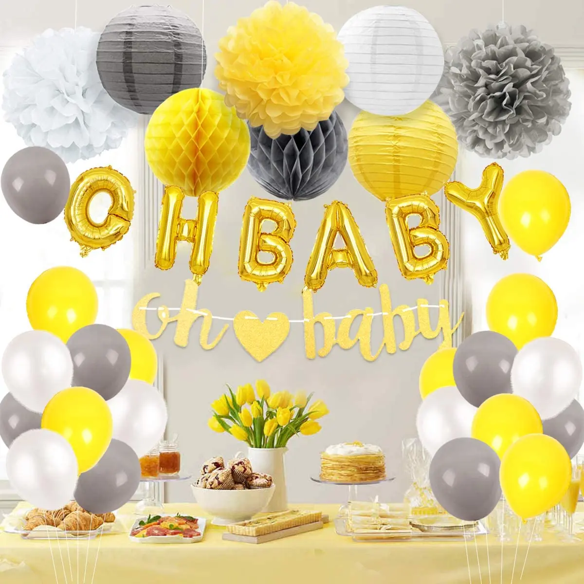 

JOYMEMO Baby Shower Decorations for Boy or Girl Yellow and Gray Balloons Pom Poms Paper Lanterns Oh Baby Banner Garland