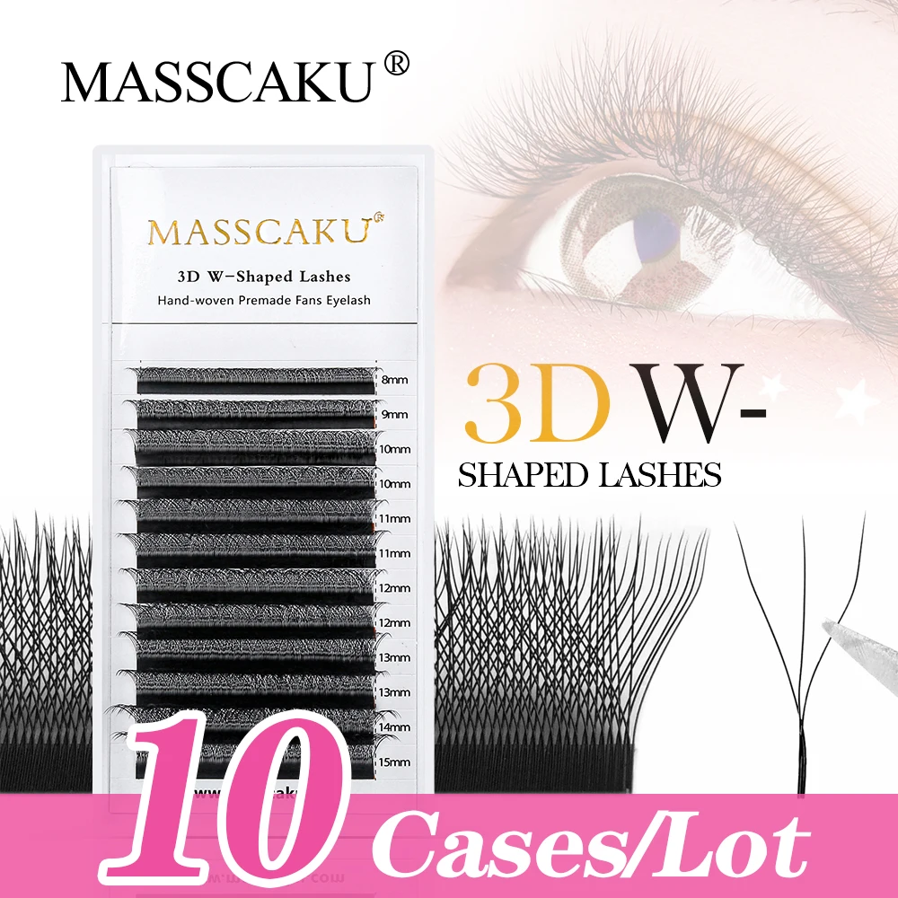 

MASSCAKU 10Cases/lot W Shape Eyelash Extension 3D Premade Fans Russian Volume Lashes Dark Matte Natural Individual Makeup