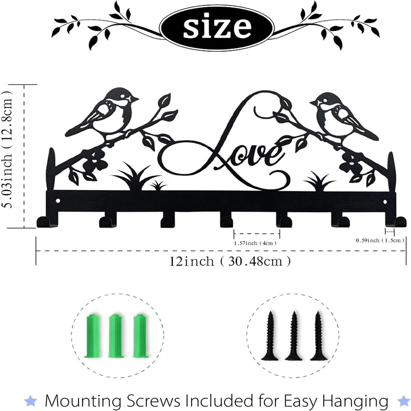 metal key holder wall hook organizer door entryway hallway kitchen wall decor rack 7 hooks Sweet couple love birds design hooks 5