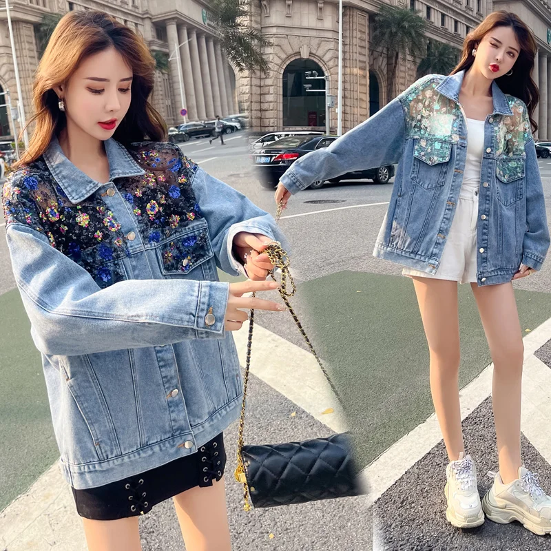 

Women's Long Sleeve Denim Jacket Spring 2023 Stitching Lace Mesh Sequins Loose 5XL Denim Jeans Outerwear Wild Casual Mujer Coat