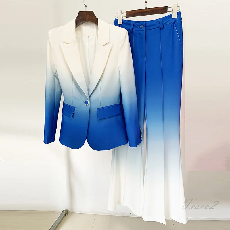 Tesco Stylish Pants Sets For Women Suit Blazer Flare Pants 2 Piece For Wedding Or Evening Party Gradient Elegant Pantsuits