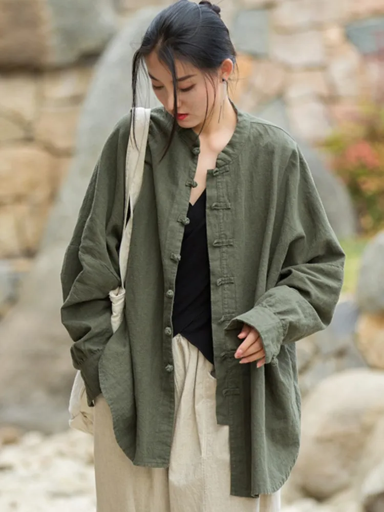 

Women Chinese Style Linen Shirts And Tops Stand Long Sleeve Blouses 2023 Spring New Solid Color Button Vintage Shirts