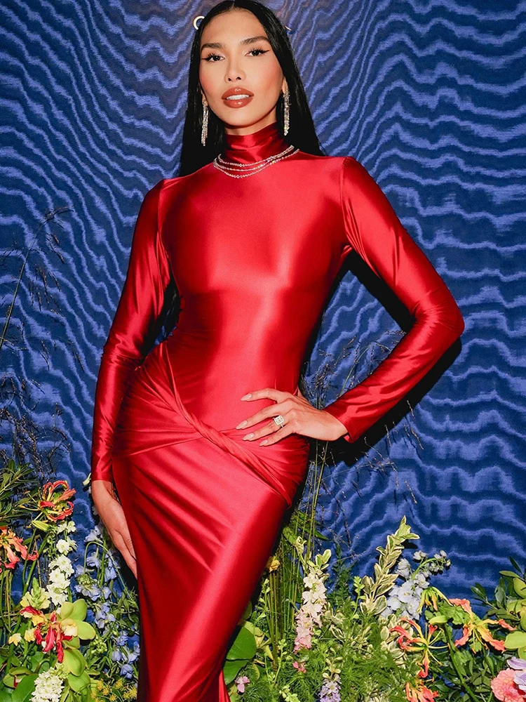 NibberTurtleneck Silk Satin Maxi Dress Woman Full Sleeve Kink Waist Design Midnight Autumn Trend Prom Party Elegant Vestidos