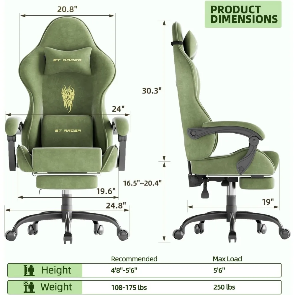 Velvet Fabric Gaming Chair, High Back Ergonomic Gamer Chair for Adult, Comfortable Video Game Chair with Footrest and Massage L 3