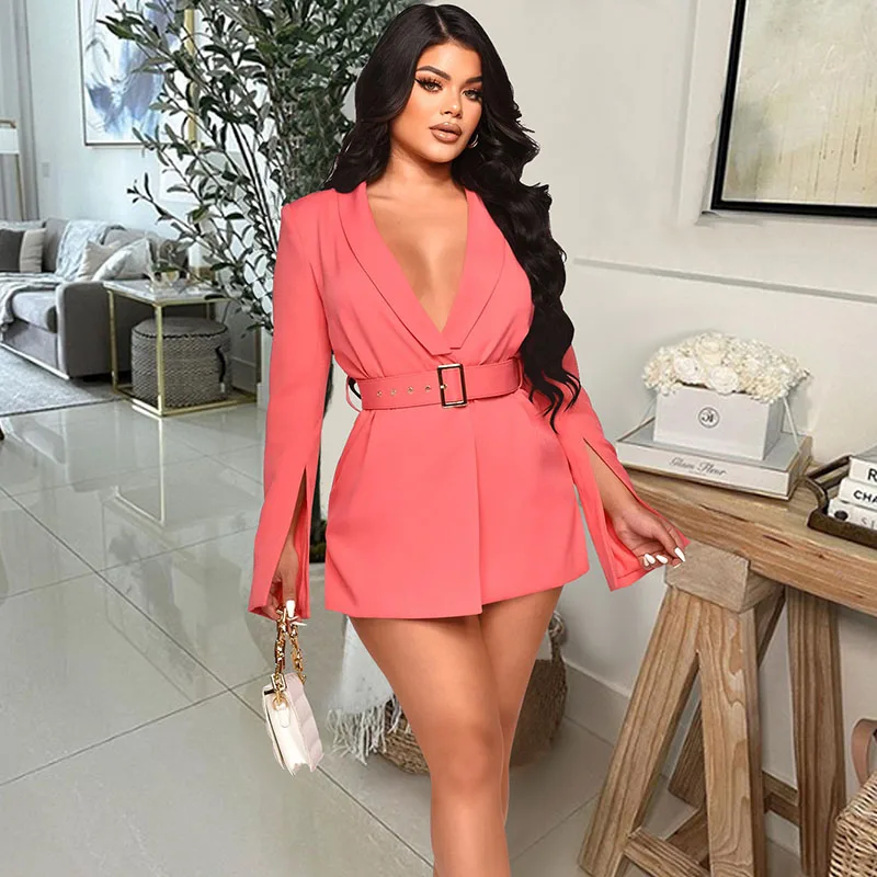 

Business Office Lady Jumpsuit Women Short Blazer Playsuit Elegant Long Sleeve Party Rompers Split Flare Sleeve Sexy Overalls
