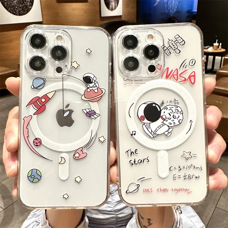 Cartoon Anime Astronaut Case Per Iphone 15 11 12 13 14 Pro Max Mini Xs Xr 8 7 Plus Se 2020 Magsafe Magnetic Wireless Charge Capa