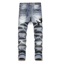 Men's Spring Summer Retro Blue Hole Jeans Punk Slim Stretch Appliques Small Feet High Street Hip-Hop Fashion Casual Brand Jeans 2