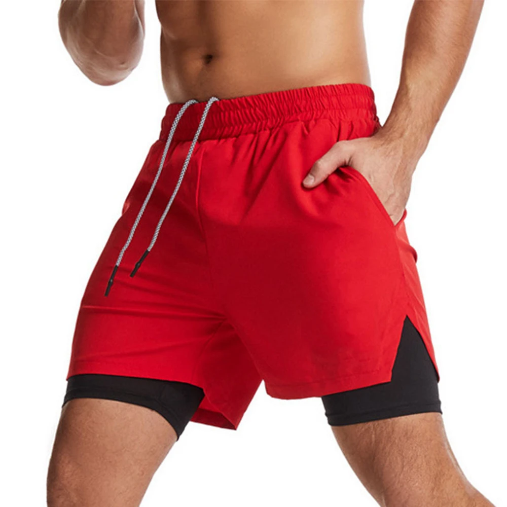 

Мужские шорты для бега 2 в 1, красные быстросохнущие спортивные шорты для бега, тренажерного зала, фитнеса, бодибилдинга, тренировок, мужские шорты с двойной основой