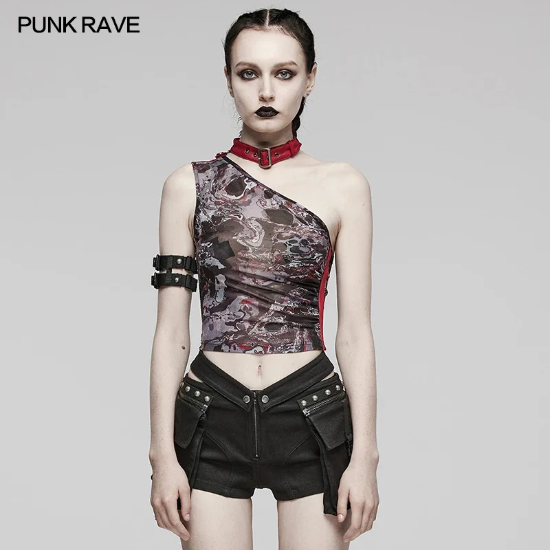 

Женский Асимметричный топ в стиле Панк RAVE, пикантный сетчатый топ в стиле панк с открытыми плечами и принтом, летние футболки с вырезами, 2 цвета