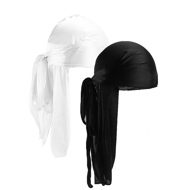 2PCS/LOT Unisex Men Women Satin Breathable Silky Durag Long Tail Doo Rag Pirate Hat Headband Turban Bandana Durag Headwear silk durag