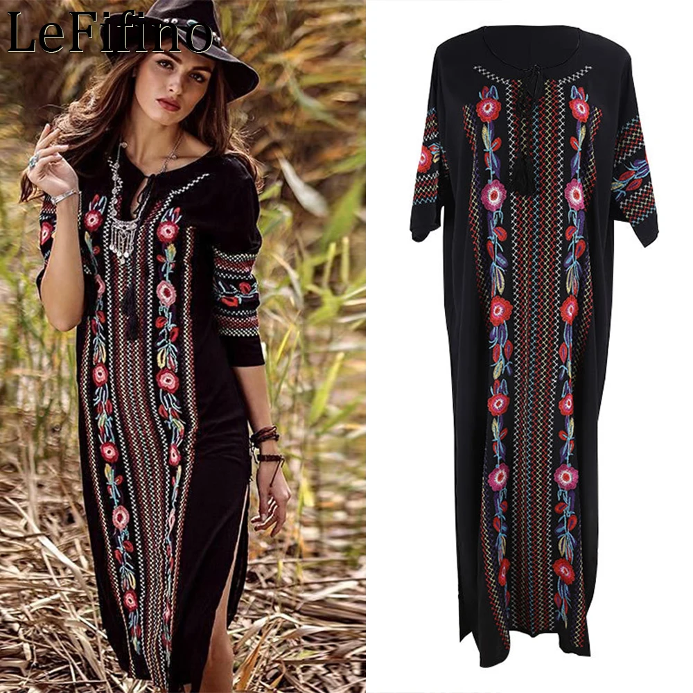 

Fashion Summer New Cotton Large Loose Size Black Background Embroidery Beach Coat Holiday Long Dresses Bikini Cover Up For Women