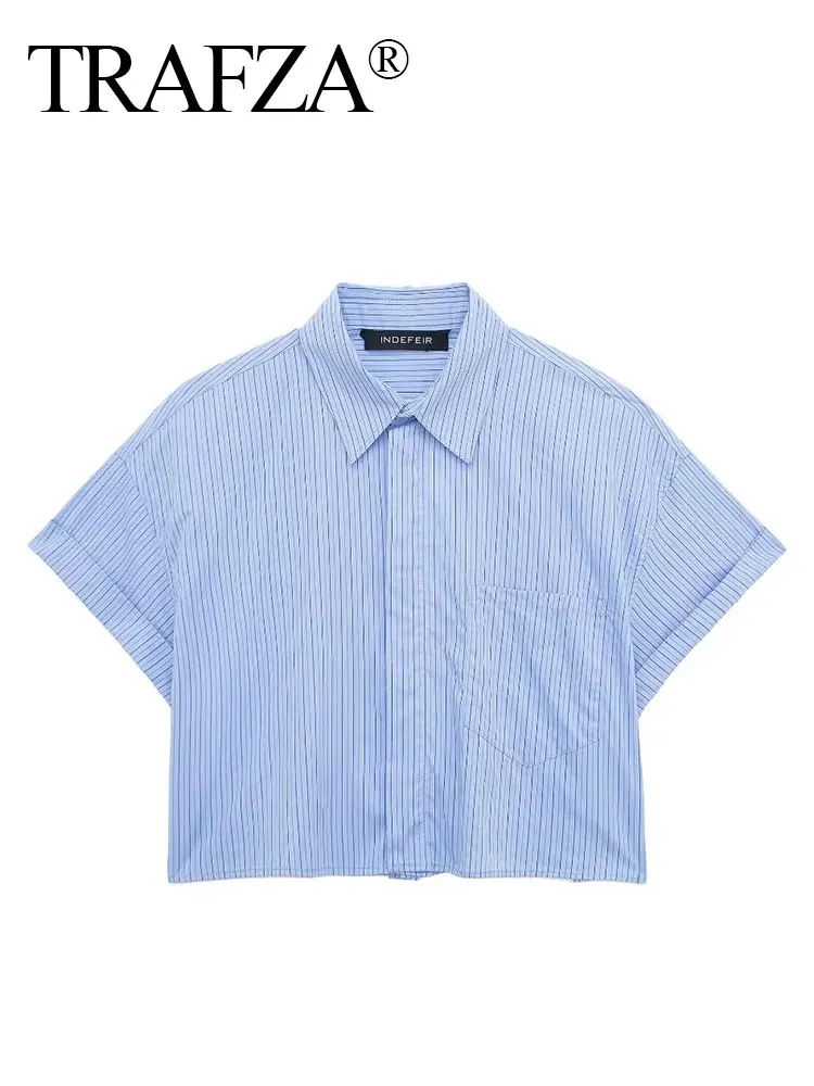 HH Fashion Women's Blue Striped Cropped Blouses Spring Summer 2024 Polo Collar Short Sleeve Shirt Top Elegant Woman Blouse