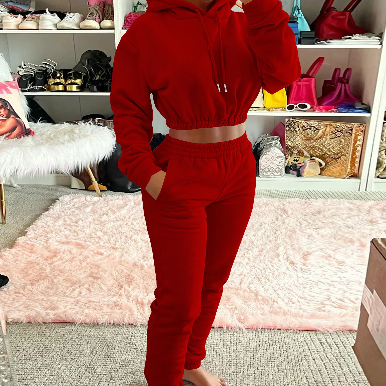 Alibaba Crop Top Hoodie And Sweatpants Set Women Set Autumn Winter