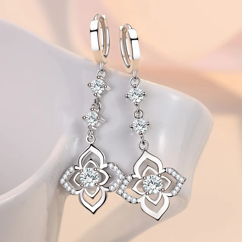 KOFSAC Fashion Zircon Four-leaf Clover Hoop Earrings For Women Exquisite 925 Sterling Silver Flower Earring Jewelry Lady Gifts