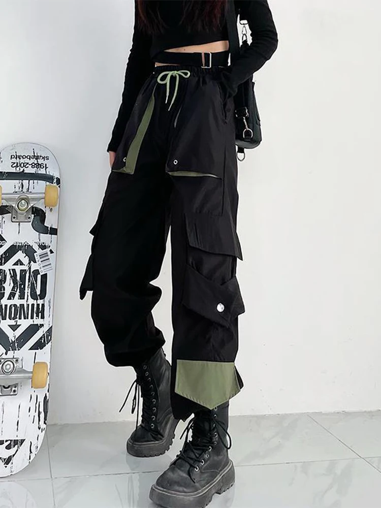 

HOUZHOU Techwear Cargo Pants Women Harajuku Hip Hop Casual Black Wide Leg Trousers High Waist Ice Silk Pants Female Streetwear