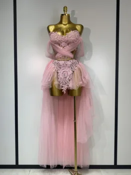 Women Sexy Strapless Pink Mesh Two Pieces Set Prom Gown Celebrate Birthday Nightclub Party Singer Stage Performance Costume 1