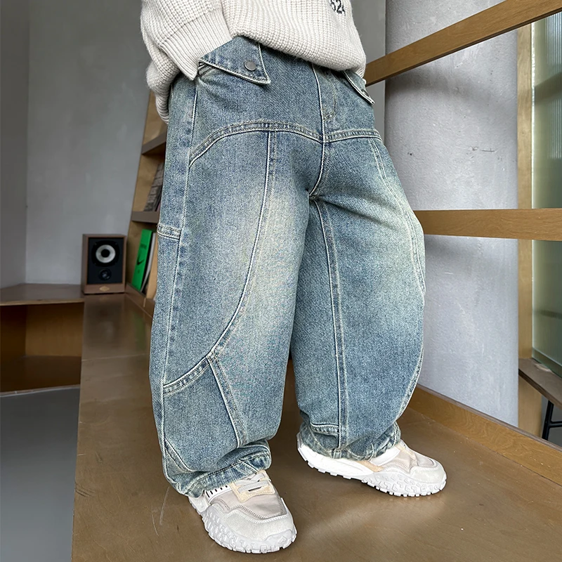 스트리트웨어 캐주얼 와이드 레그 패치워크 데님 팬츠 키즈 아동 y2k 배기진 남아 하라주쿠 빈티지 블루 고퀄리티 힙합
