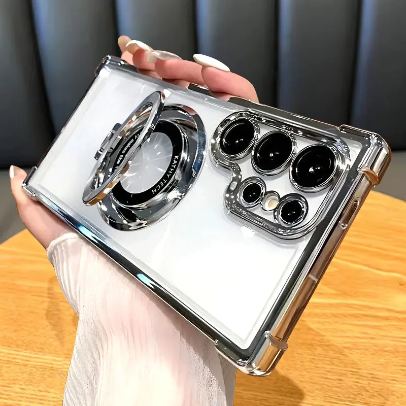 Luxuriöse Magnetische Galvanisierte Standfeste Stoßfeste Transparente Hülle für Samsung Galaxy S26 S25 S24 S23 S22 S21 Ultra Plus FE mit Acryl-Rückseite