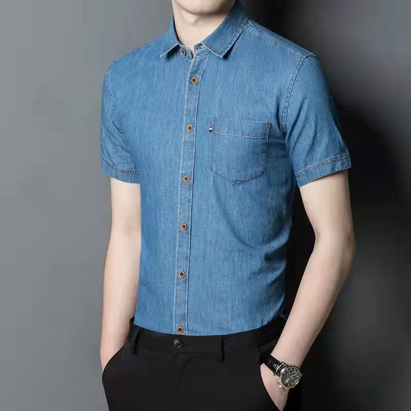Summer Korean Version Simple Solid Color Fashionable Flip Collar Slim Fit Versatile Retro British Style Denim Shirt for Men