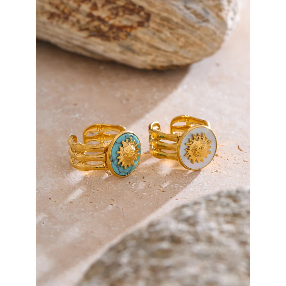 Yhpup Womens Blue Turquoise Shell Sun Ring