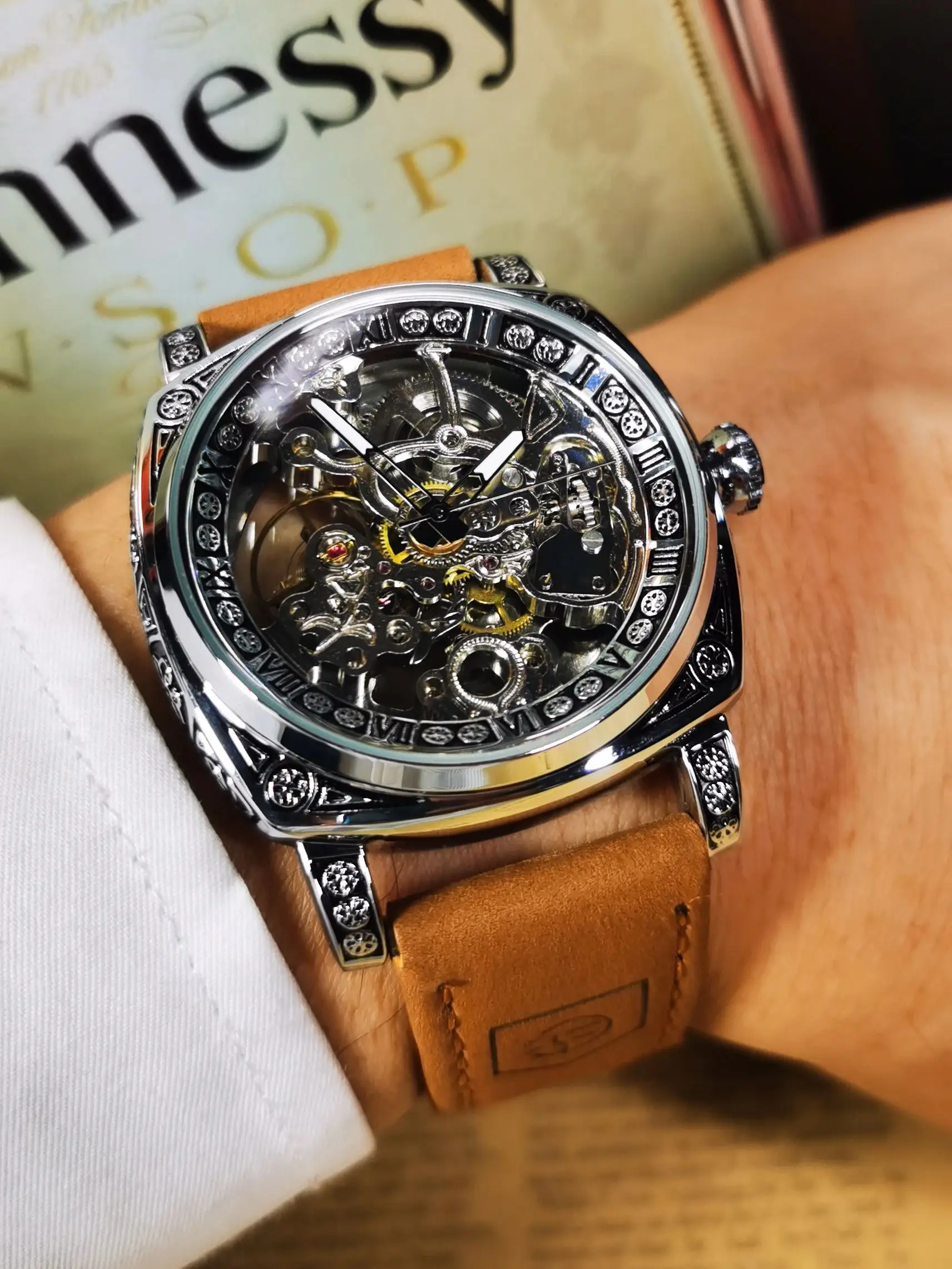 Forsining Square Gold Skeleton Automatic Mechanical Watch for