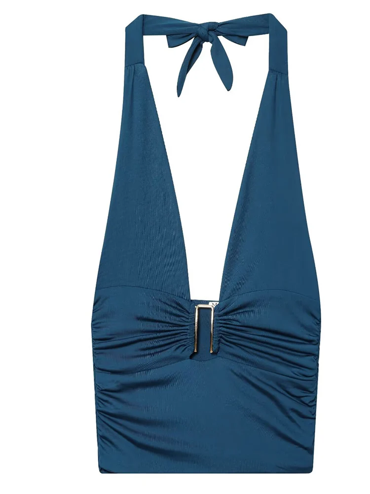 New Halter Tops Fashion Metal Decoration Backless Top Woman 2025 Sleeveless Hanging Collar Short Tops For Women Sexy Party Top