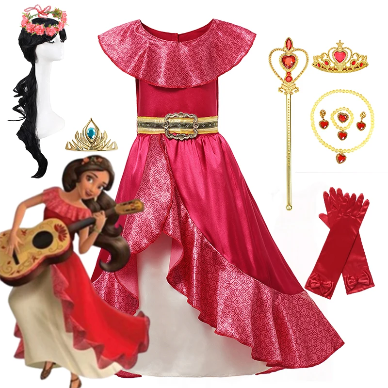 Disney Children Halloween Dresses Princess Elena of Avalor Cosplay Costume for Little Girls Birthday Party Gift Elena Red Dress
