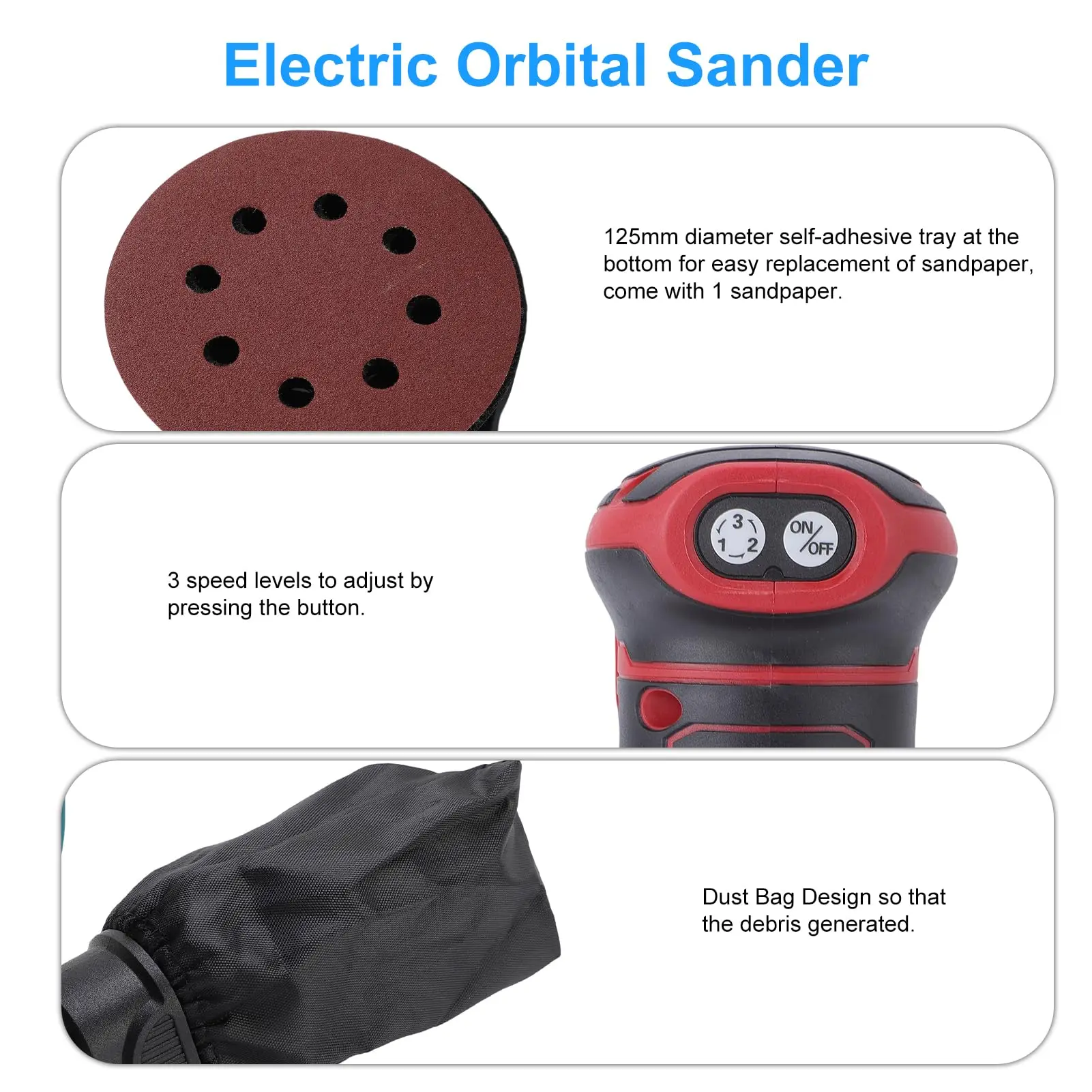 Brushless Electric Random Orbital Sander 3 Gears Polisher Grinder 125MM Woodwork