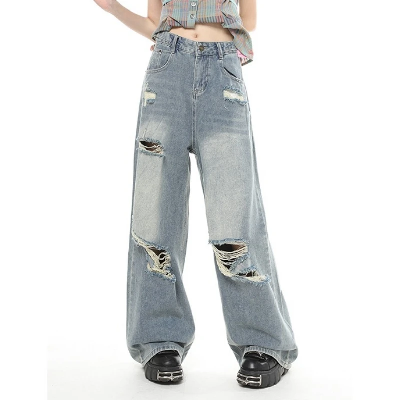 

Blue Women Jeans Worn-out Vintage High Waist Y2K Straight Baggy Pants American Fashion Street 2023 NEW Wide Leg Denim Trouser