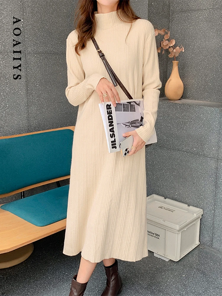 

Aoaiiys Dresses for Women Dress 2023 Autumn Comfortable Half High Collar Mid-Calf Dresses Solid Warm Knitted High Waisted Dress