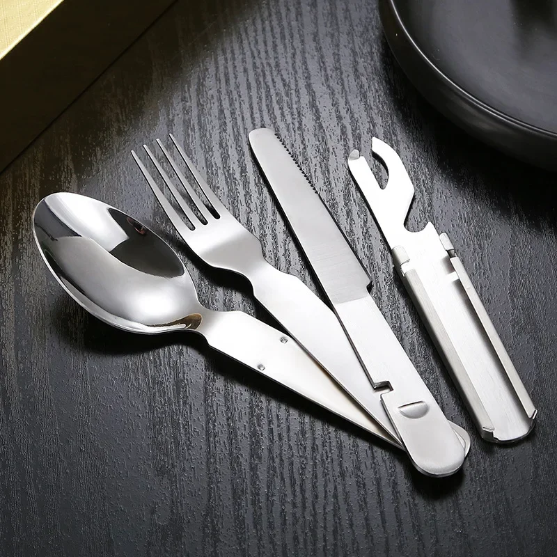 Steel Removable Knife Fork and Spoon Set Western Knife Bottle Opener Portable Outdoor Camping Storage Tableware Four-piece Set