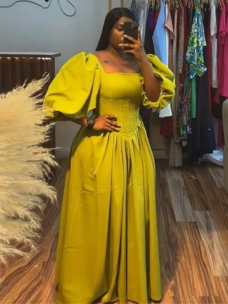 Wmstar Dress Wholesale 2025 Summer New Style Sweet Fresh Square Neck Corset Waist Tie Lantern Sleeve A Line Long Dresses