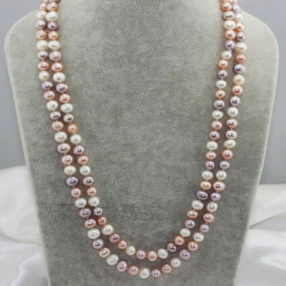 

Hand knotted necklace natural 8-9mm multicolor freshwater pearl sweater chain nearly round pearl 50inch