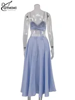 Oymimi Fashion Blue Print Sets For Women 2 Pieces Autumn Spaghetti Strap Lace Bra And High Waisted Loose Pleated Skirts Sets - Image 6