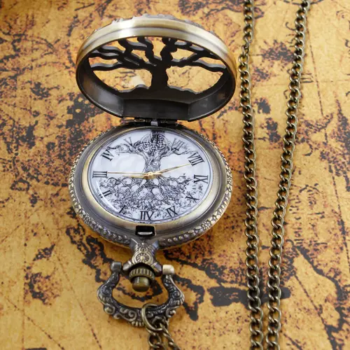 Steampunk Retro Bronze Hollow Tree of Life Quartz Pocket Watch With Fob Chain Women Watch Pendant Necklace Chain Men Gift CF1088 - Image 5