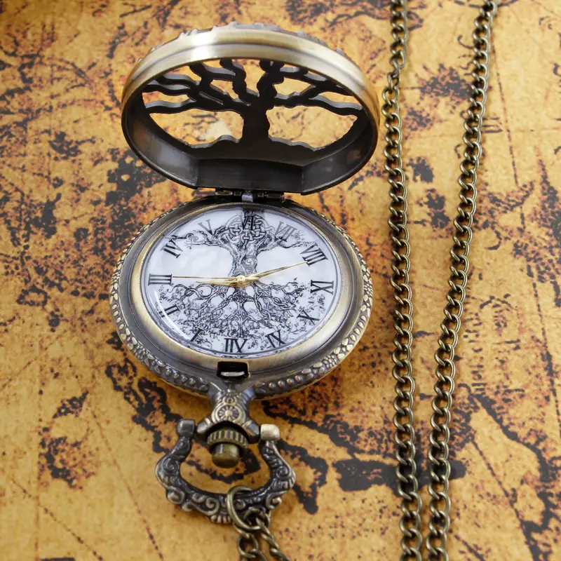 Steampunk Retro Bronze Hollow Tree of Life Quartz Pocket Watch With Fob Chain Women Watch Pendant Necklace Chain Men Gift CF1088 - Image 5