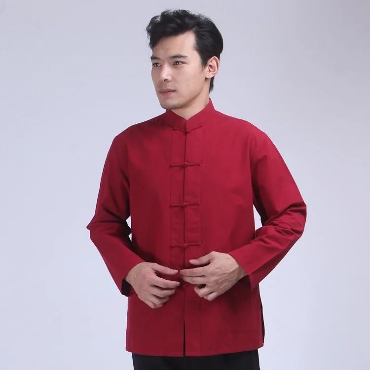 Vintage Hanfu Jacket Coat Men Long Sleeve Hand Button Cheongsam Kong Fu Clothes Zen Tops Chinese Stand Collar Tang Cloth