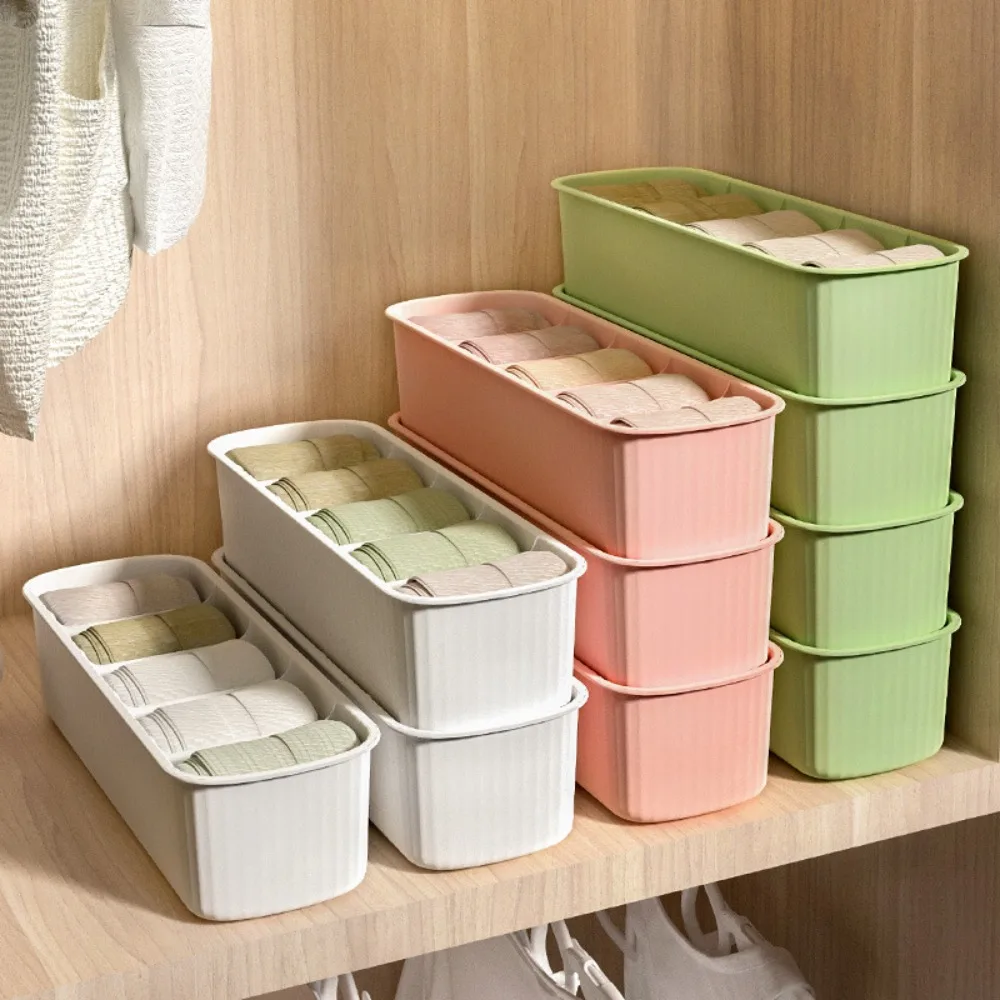 

Plastic Socks Storage Box New Solid Color Stackable Bra Underwear Box 5 Grids Wardrobe Organizers Home