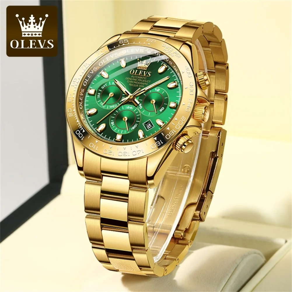 OLEVS Top Brand Men's Gold Green Automatic Mechanical Watch Stainless Steel Strap Waterproof Luminous Luxury Men Wristwatch