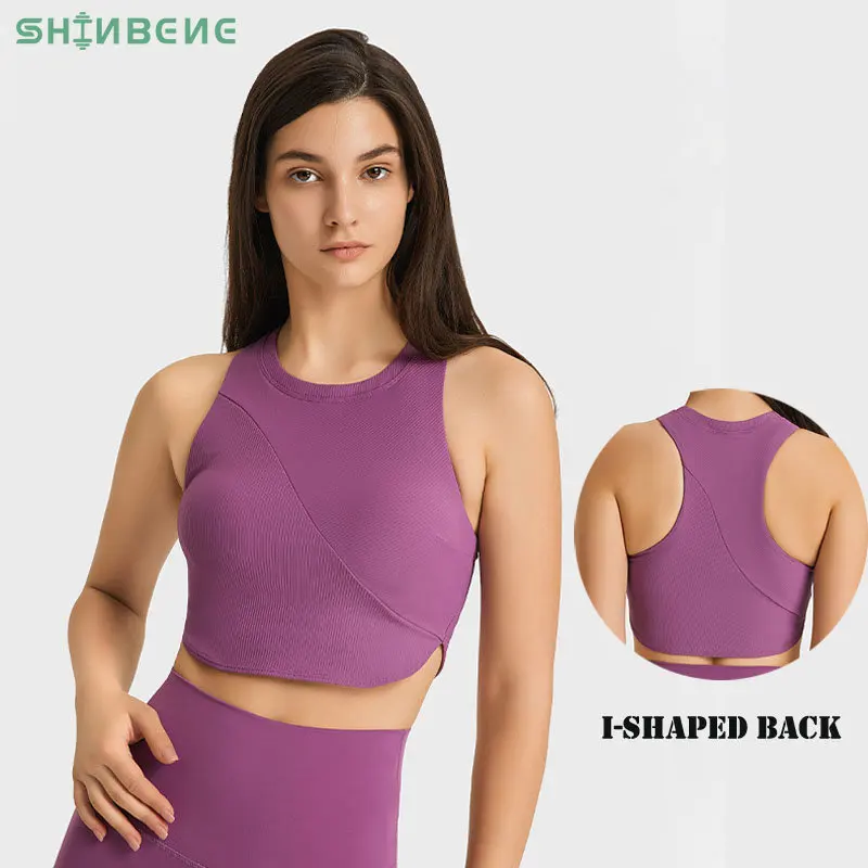 

SHINBENE High Neck Ribbed Longline Yoga Fitness Bras Ladies Racerback Workout Gym Sports Bras Crop Tops with Built In Bra