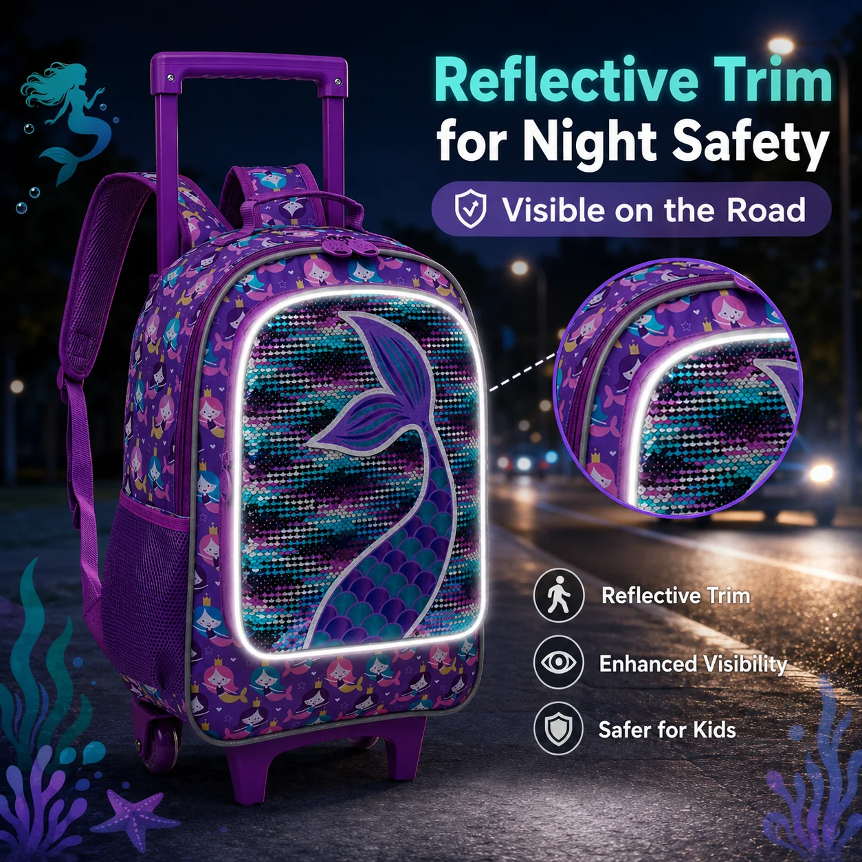 3PCS Rolling Backpack for Girls, Kids Roller Wheels Bookbag, Wheeled School Bag with Lunch Bag - Mermaid