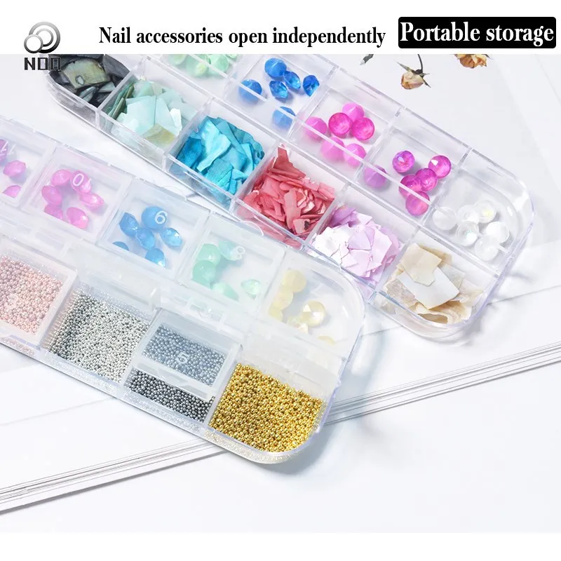 

12 Grids/box Nail Art Diamond Gem 3D Nail Sequin Crystal Rhinestone Glass Nail Art Decoration Natural Shell Macaron Crystal