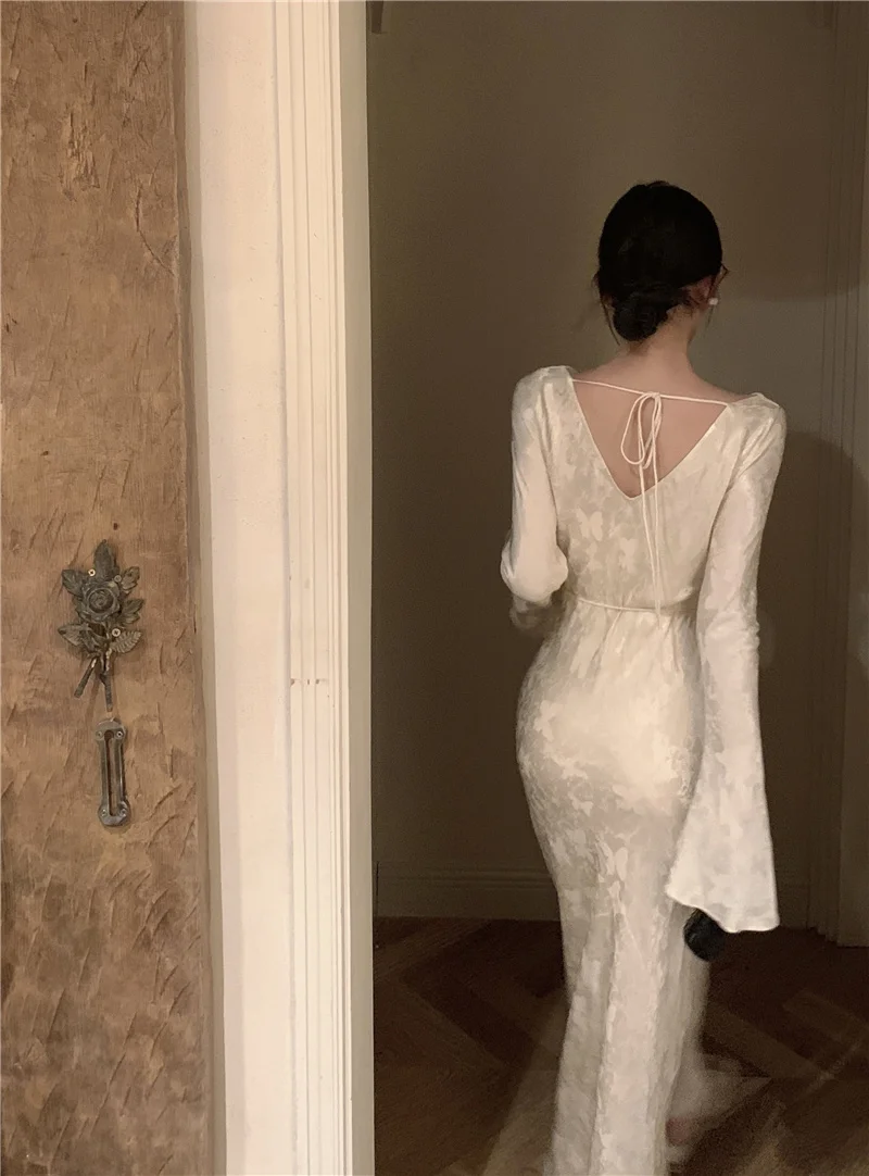 Autumn Bodycon Wedding Evening Dresses for Women Flare Sleeve Swinging Collar French Vintage Prom Robe Midi Vestidos Mujer New