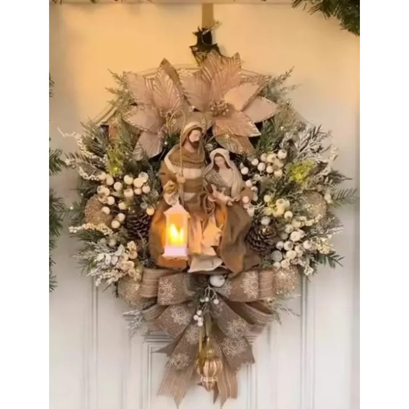 Christmas Wreath With Lamp Bow Ball Big Red Flower Navidad Party Wall Door Window Fireplace Staircase Balcony Garden Wreath