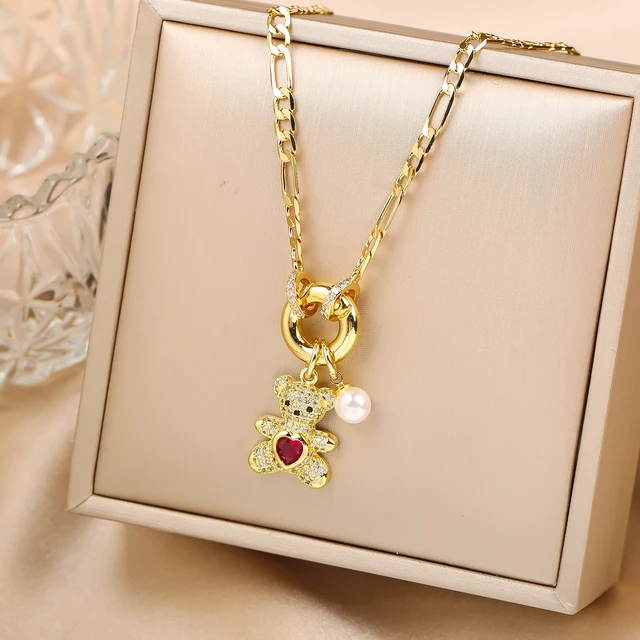 Haute qualité brillant cristal zircone Animal mignon ours pendentif collier ras du cou pour femme fille vacances serrure os chaîne bijoux cadeau