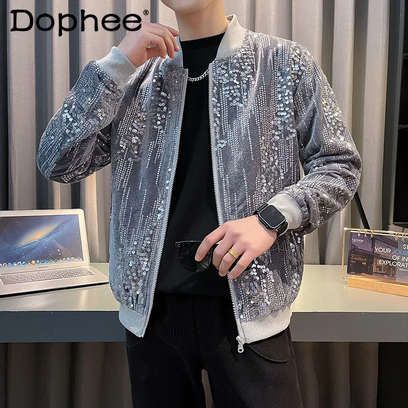 High-End Sequined Baseball Jacket Men's Personality Fashion Men's Clothes 2024 New Spring Autumn Long Sleeve Trendy Male Jackets korea style men sweater autumn winter fashion deep v neck personality knitted sweater casual loose pullovers sweaters male coat